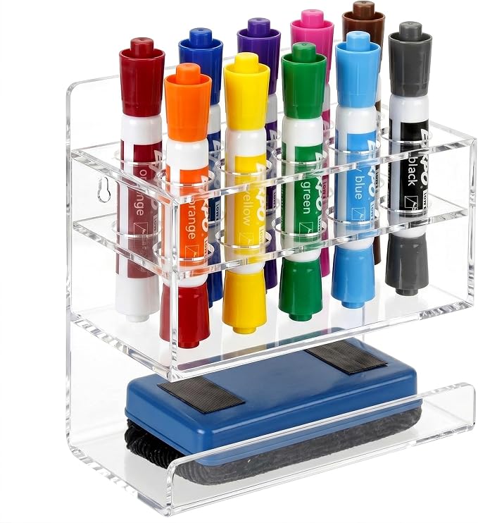 MyGift Dry Erase Marker Holder Wall Mount Clear Acrylic 10 Slot Organizer | Ten Slot Capacity, Easy Access, Wall Mounted Organization, Clear Visibility, Classroom Office Essential, Space Saving Design