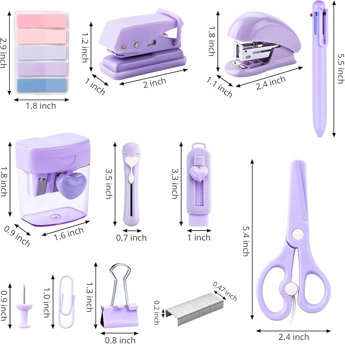 Purple Mini Office Supply Kit Mini School Supplies Desk Accessory Set Includes Mini Stapler Pencil Sharpener Staple Remover Hole Punch Ballpoint Pen Scissor Box Cutter Paper Clips Sticky Index Tabs