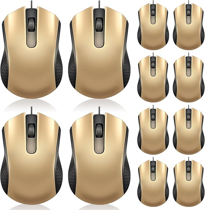 Hoteam 12 Pcs Wired Mouse Bulk, USB Ergonomic Computer Mice,Gold | Plug Play USB Cord, Textured Grip for Office Gaming, Desktop Laptop Compatible, Bulk Office School Business Supply