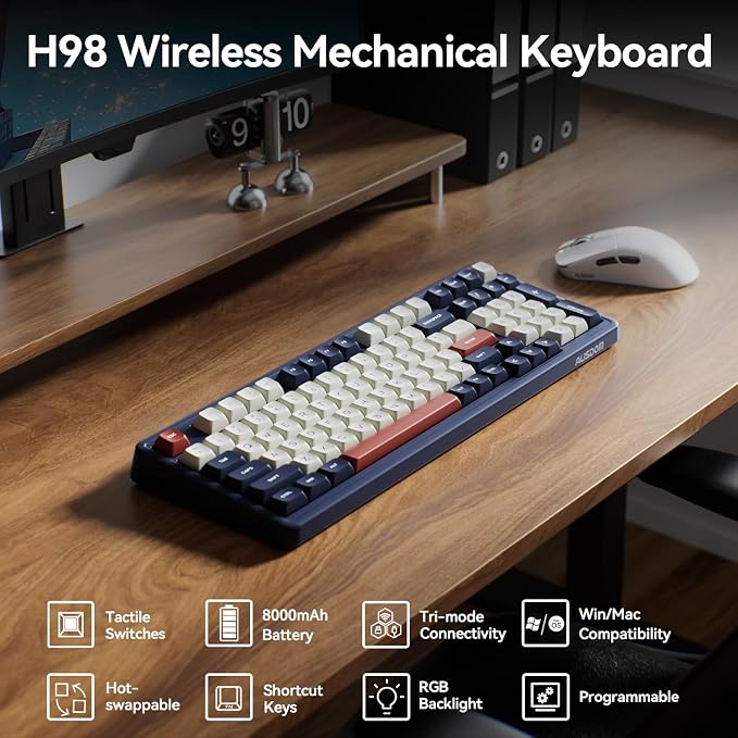 AUSDOM H98 Wireless Bluetooth Mechanical Keyboard, BT5.3/Type-C/2.4G Tri-Mode Hot Swappable Custom Gaming Keyboards, Gasket, RGB, Numpad, Computer Keyboard for Mac/Win/Office, 98 Keys(Click Sound)