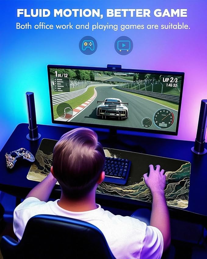 Mouse Pad, Desk Mat, 31.5x11.8in Large Mousepad, Blue Gold Waves | Desk Pad with Stitched Edge & Rubber Non-Slip Bottom, Gaming Mouse Pad, Extended Mousepad for Home, Office