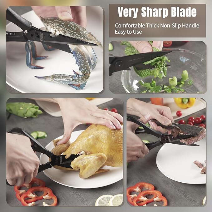 Kitchen Scissors All Purpose, Extra Sharp Kitchen Shears with Knife Sharpener & Sheath, Solid & Durable Stainless Steel Scissors with ANTI-RUST Black Titanium Plated, Dishwasher Safe - Green