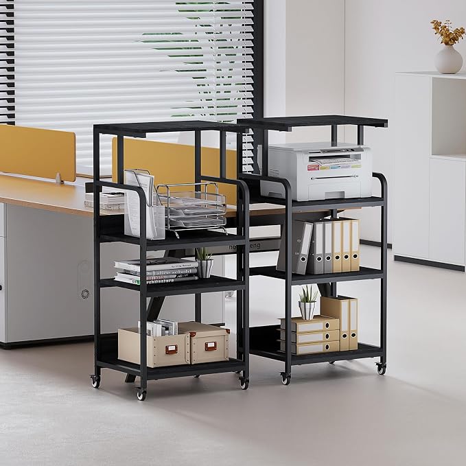4 Tier Printer Stand with Wheels, Extra Large Tall Printer Table for Home Office, Printer and Shredder Stand with Storage Shelf (Black)