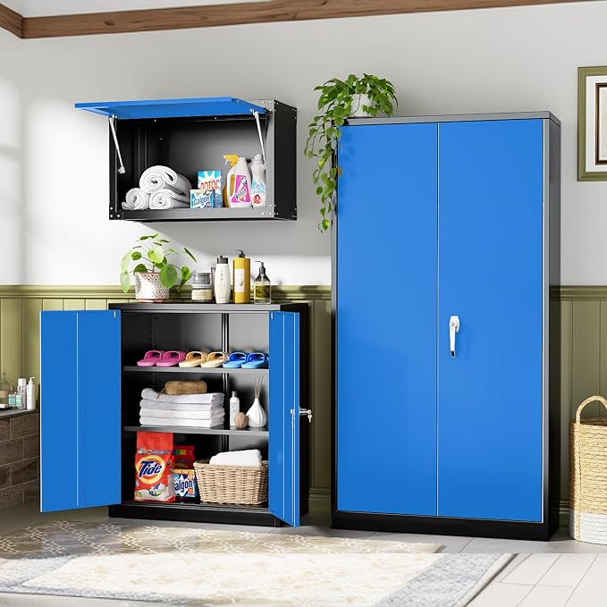 Metal Storage Cabinet with Lock, 72" H Garage Cabinets with Doors and Adjustable Shelves, Lockable Metal Cabinets for Garage, Home, Office(Black-Blue)