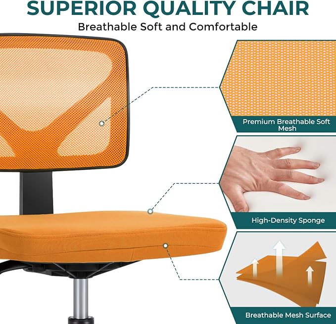 DUMOS Armless Desk Chairs, Small Home Office Mesh Chairs | Ergonomic Adjustable Mid Back, Swivel Rolling Task, Computer Work Vanity Small Spaces, Orange