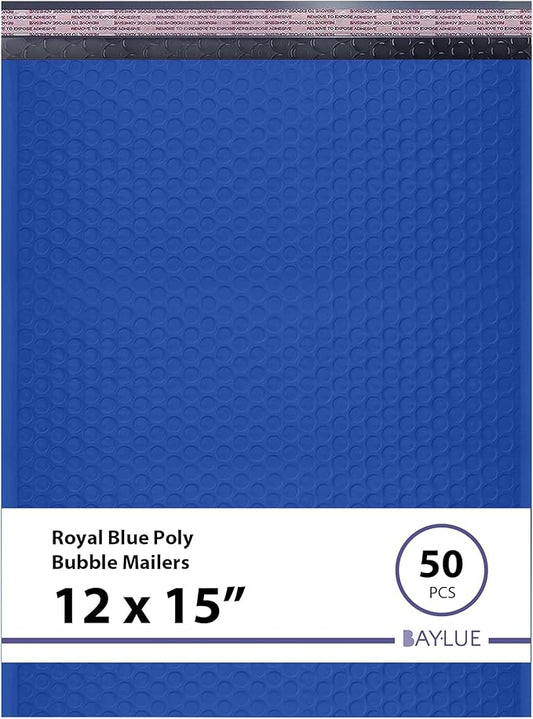 Royal Blue Large Poly Bubble Mailers 12x15 inch | Self Seal Padded Envelopes Cushioned Bubble Mailer | Usable Size 12x15 | WaterProof | Lightweight mailing Shipping Bags | 50 Pack Bulk