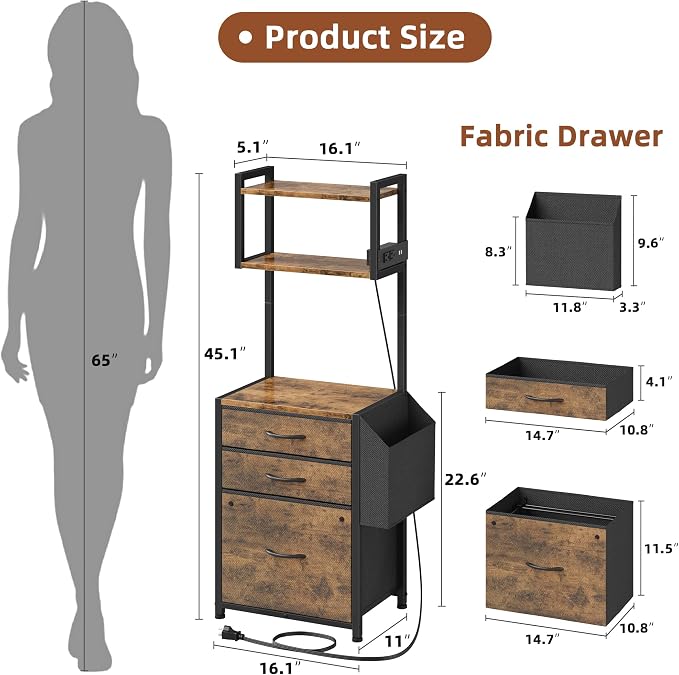 3 Drawer File Cabinet with Charging Station, 45''H, 3-Tier Small Filing Cabinet for Home Office, 11''*16'' for Small Printer, Fabric Drawer Fits Letter/A4, Tall Printer Stand, Rustic Brown