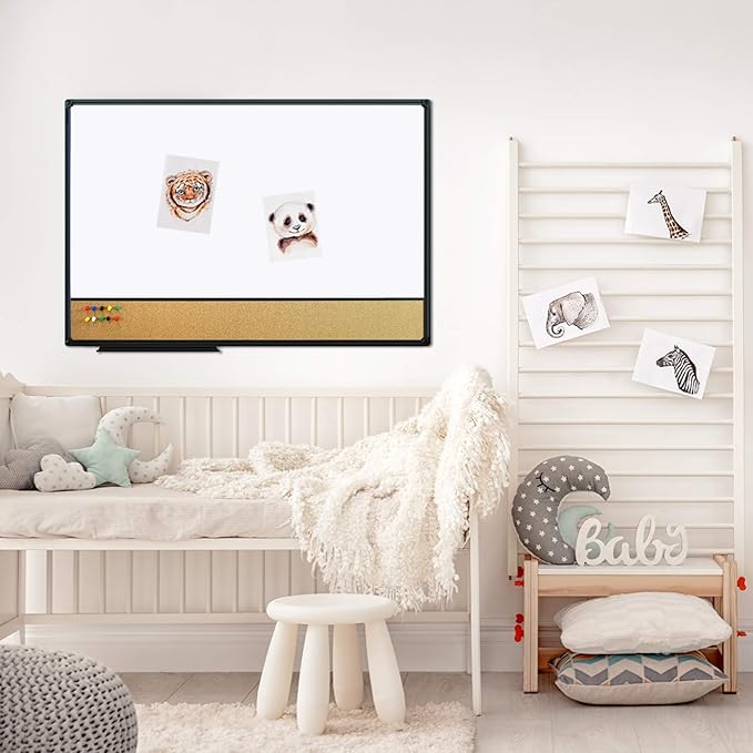 JILoffice White Board & Bulletin Corkboard Combination, Combo Board 36 x 24 Magnetic Whiteboard, Black Aluminum Frame Wall Mounted Board for Office Home and School with 10 Push Pins