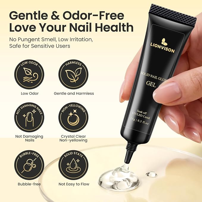 LIONVISON Solid Gel Nail Glue: 28+ Days Long-Lasting for DIY Beginners | UV Cured Adhesive for Press On Nails & Tips Extension - 15g 0.5 fl.oz Tube for DIY Beginners at Home