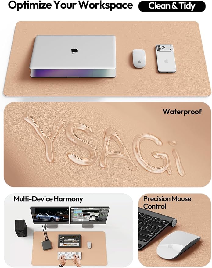 YSAGi Leather Desk Protector, Office Mat, Large Mouse Mat, Non-Slip PU Leather Blotter, Laptop Desk, Waterproof Writing Pad for Office and Home (Latte, 35.4" x 17")