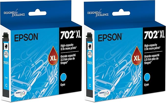 Epson T702 DURABrite Ultra -Ink High Capacity Cyan -Cartridge (T702XL220-S) for Select Workforce Pro Printers (Pack of 2)