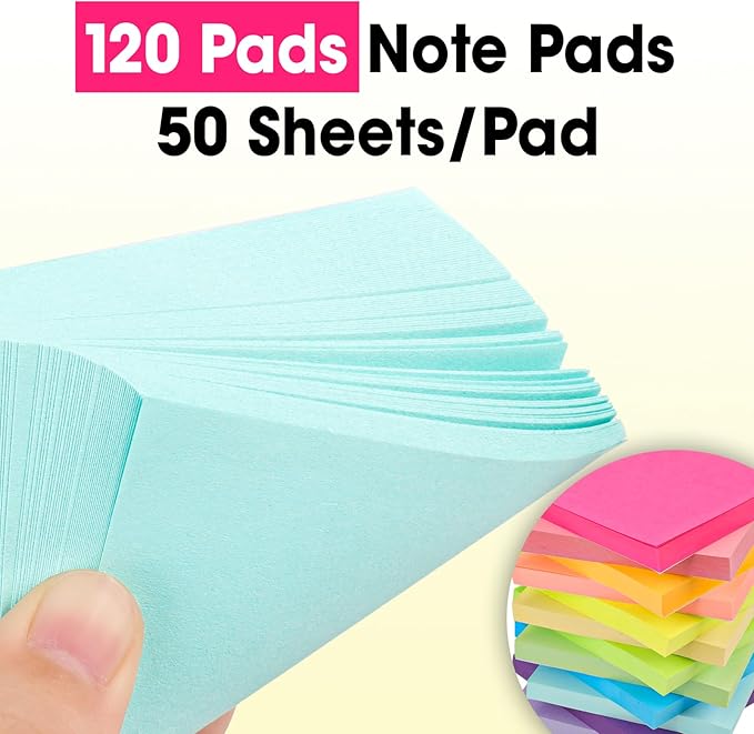 120 Pads Sticky Notes 3x3, Bright Colors Self-Stick Pads Bulk, Super Sticky Notes, School Supplies, Office Products, 50 Sheet/Pad
