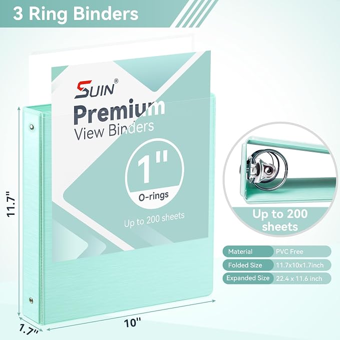 SUIN 1 Inch 3 Ring Binder, Clear 1'' View Presentation Binders with 2 Pockets, Fits 8.5 x 11 Letter Size, Durable Polypropylene, Non-Stick & PVC-Free for School, Office & Home (Brushed Green)