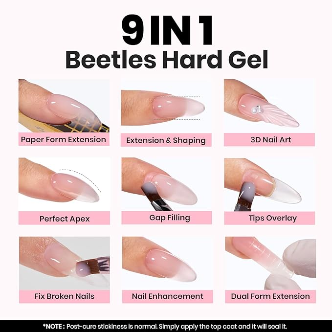 Beetles Builder Gel for Nails-3 Colors 9 in 1 Nail Extension Sculpting Building,Clear Nude Pink Hard Gel Kit with Base Top Coat for Pros Women,UV & LED Lamp Cured Needed