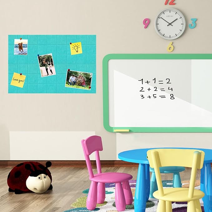 Large Square Felt Cork Board Tiles, Self Adhesive DIY Felt Bulletin Board Pin Board with 35 Pushpins for Office School Home Wall Decor Stickers Memos Photos Display (Teal)