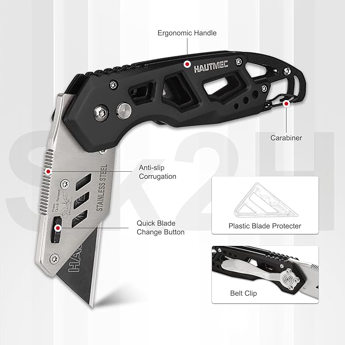 HAUTMEC Folding Utility Knife with 10-Pack SK2H Blades, Heavy-Duty Aluminum Box Cutter with Belt Clip, Quick-Change Blades, Safety Lock & Carabiner – HTUCH25002