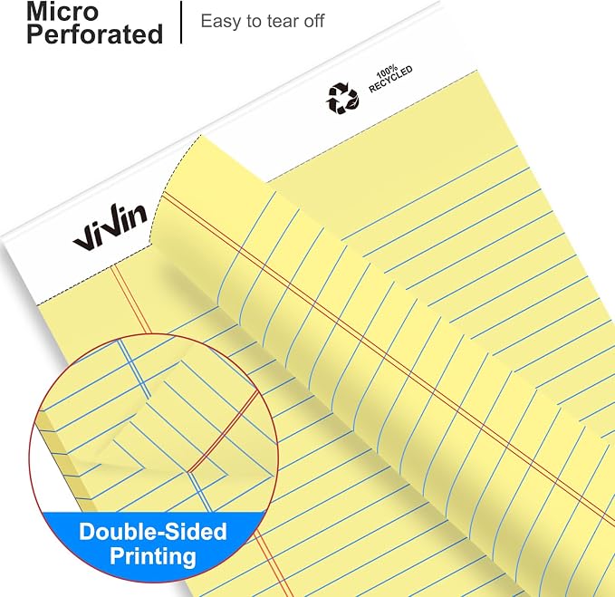 ViVin Legal Pads 8.5" x 11.75", Wide Ruled Note Pads, 12 Pack, 30 Sheet/Pad | Notepads for School Home Office, Perforated Writing Pads, Canary Yellow Paper