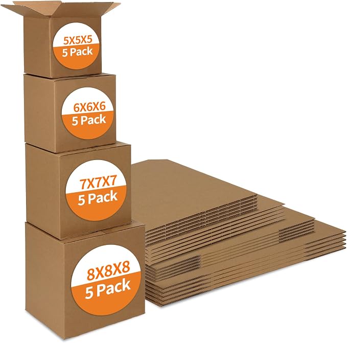 Hoikwo 20 Packs Shipping Boxes Mixed Sizes | 5 PCS Each of 5x5x5, 6x6x6, 7x7x7, 8x8x8 Brown Cardboard Box for Small Business Packaging and Mailing