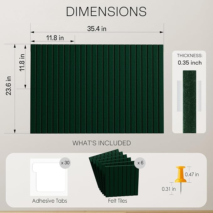 MaxGear Bulletin Board 36" x 24", Pine Green Felt Wall Tiles Room Decor | Cork Board For Walls Alternative, 6 Pack 11.8" x 11.8" 3D Wall Panels, Poster Felt Board, Pin Board For Office, Home Decor