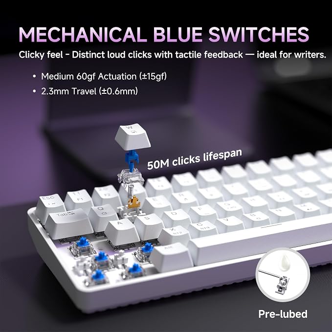 DIERYA DK68 60% Wireless Mechanical Gaming Keyboard, 3-Mode, Bluetooth 5.0/2.4G/USB-C, RGB Backlit, 68-Key Compact Mini for Windows, Mac, Linux - Clicky Blue Switch - White