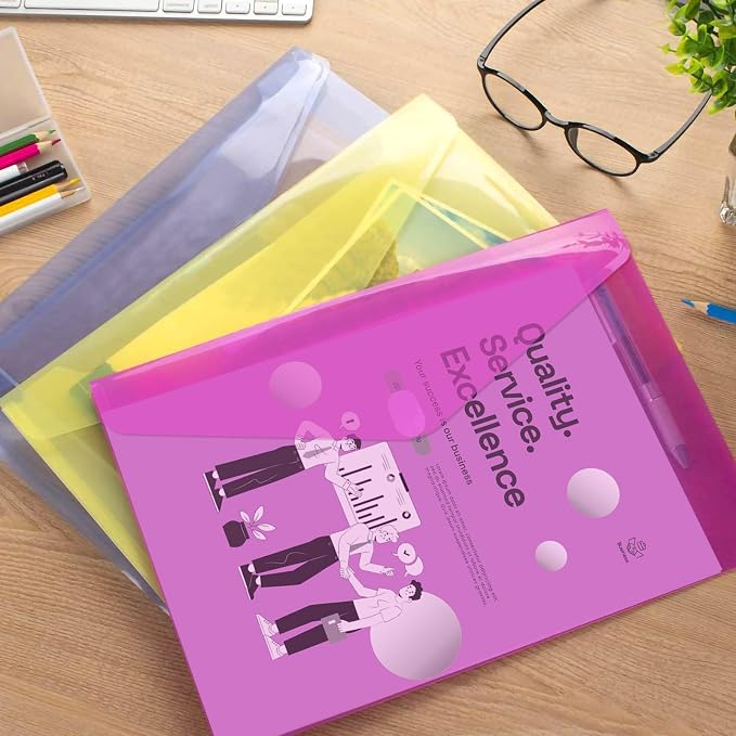 Sooez 50 Pack Plastic Envelopes File Folders, Plastic Folders with Safe Closure, Colored Folder for Documents Organizer Letter/A4 Size, Clear Filing Folder for Office School Supplies Storage, 8 Colors