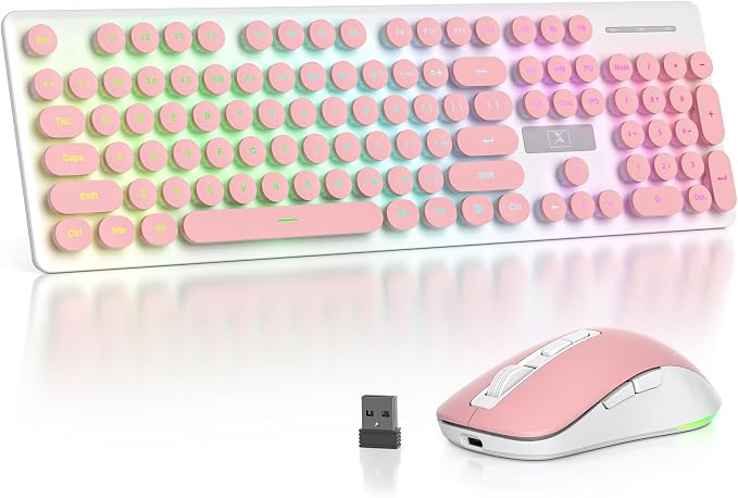 Backlit Pink Keyboard and Mouse Wireless, 2.4GHz Light Up Typewriter Rechargeable Quiet Keyboard Cordless with USB Receiver for PC/Laptop(Pink)
