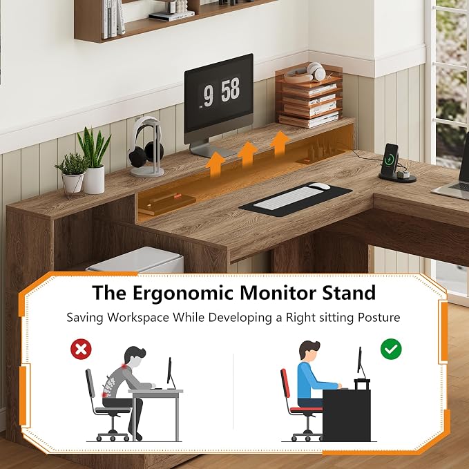 63" Rattan L Shaped Desk with Drawers & Printer Shelf for Home Office | Corner Computer Desk with Storage, Power Outlets, L Shaped Office Desk with Monitor Stand, Printer Shelf, Oak