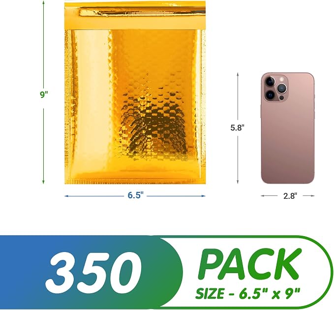 Glamour Metallic Bubble Mailers 6.5 x 9 Inches Gold, 350 Pack Padded Envelopes for Shipping, Mailing, Packaging Protection