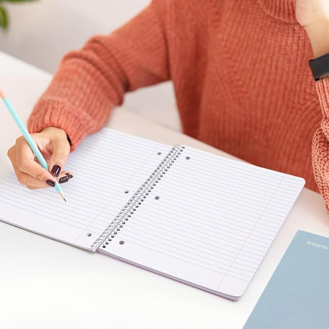 SUNEE Spiral Notebook, 1-Subject, Wide Ruled Paper, 8" x 10-1/2", 100 Sheets per Notebook, 3-Hole Punched Paper, Water Resistant Cover, Double-sided Pockets, Grey Blue