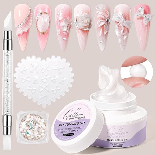 Gellen 3D Sculpting Gel for Nail Art 30g Pearl White – UV Cured Non-Sticky 3d Gelnail Art Molding Gel for Nails, Easy Carving 3D Flowers for Nail Charms