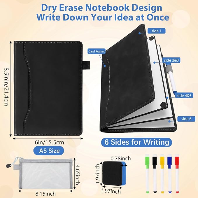 Feifeiya 6 Sides Dry Erase Notebook, Black, A5 6" X 8.5" | Portable Reusable Whiteboard Notepad 6 Side Foldable Dry Erase White Board for Planner Office Study Business Meeting Supplies
