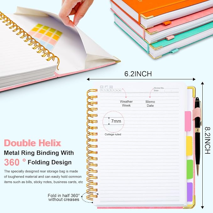 Hardcover Spiral Notebook 6.2"x 8.2" Journal Notebook with Tabs and Removable Dividers 300 Pages 5 Subject Notebook College Ruled, Faux Leather Spiral Bound Notebook for Women School Work (Pink)