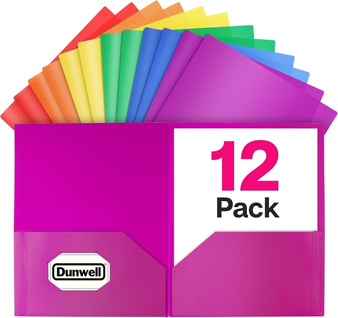 Dunwell Colored Plastic 2-Pocket Folders, 8.5x11, Assorted, 12 Pack | Heavy-Duty, Long-Lasting Poly, Fits 8.5x11 Documents for School & Office, Includes Labels