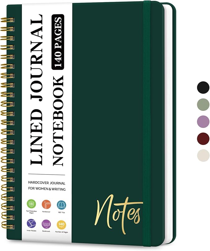 Lined Spiral Journal Notebook for Women, A5 College Ruled Journals for Writing, Hardcover Notebooks for Work, Note taking and Office School Supplies,140 Pages - Dark Green
