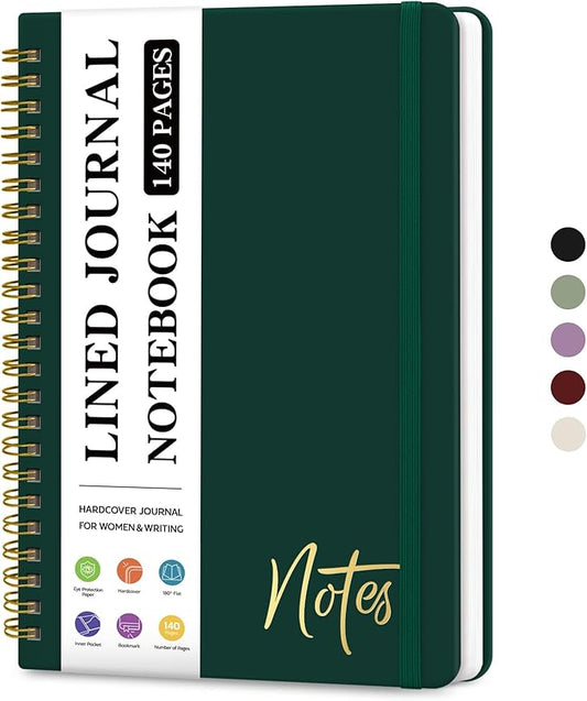 Lined Spiral Journal Notebook for Women, A5 College Ruled Journals for Writing, Hardcover Notebooks for Work, Note taking and Office School Supplies,140 Pages - Dark Green