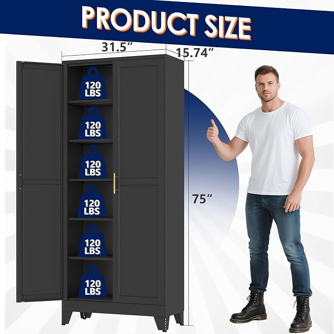 erosoei 75" H Metal Garage Storage Cabinet, Black Metal Pantry Cabinet with 2 Doors, Locker Steel Cabinet with 5 Adjustable Shelves, Freestanding Cupboard for Garage,Office,Home,Gym,School