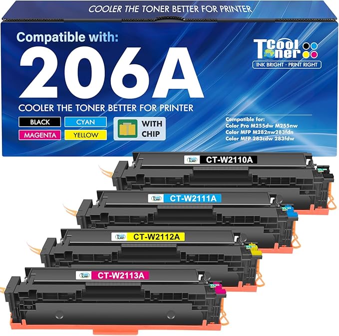 206A M283fdw Toner Cartridges 4 Pack Compatible for HP 206X 206 MFP M283cdw | Compatible for HP 206A Color LaserJet Pro M255dw M283fdn M282nw M255nw M283 M255 M282 Printer W2110A W2110X Ink (with Chip)