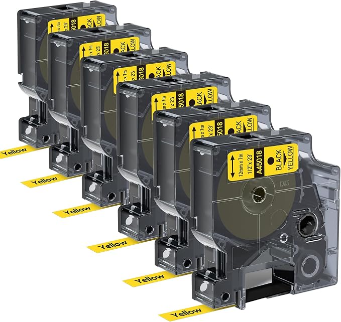 6-Pack Compatible with Dymo D1 Label Tape Black on Yellow 45018 S0720580 | Yellow Label Maker Refill d1, 1/2 Inch x 23 Ft for DYM0 LabelManager 160 420P 210D 280 360D PnP, 6-Pack