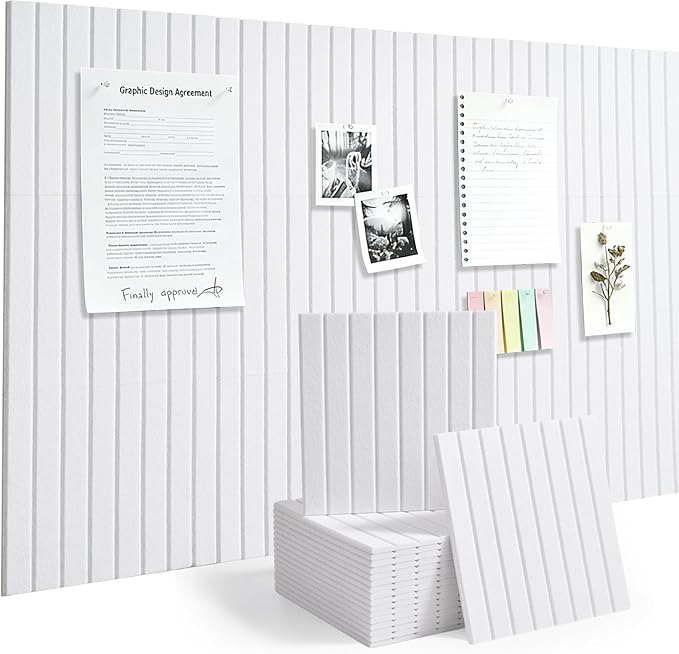 Large Felt Bulletin Board Cork Board Alternative with Safe Removable Adhesive Tabs, Wall Bulletin Board for Home Office Classroom Pin Board (Cold White, Fine-Stripe 12-Pack)