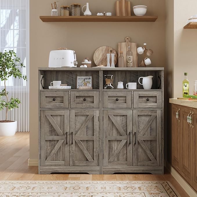 Befrases Farmhouse Storage Cabinet with Drawers and Shelf, Freestanding Kitchen Pantry Hutch for Kitchen, Living Room, Home Office, Rustic Grey