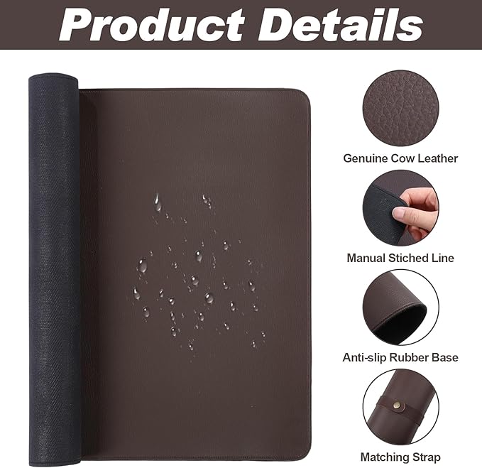 Tegeme Leather Desk Mat Large Desk Pad 31.5 x 15.7 Inch Non Slip Table Protector with Stitched Edges and Rubber Base Dark Brown Stylish Workspace Accessory Laptop Mat Smooth Writing for Home Office
