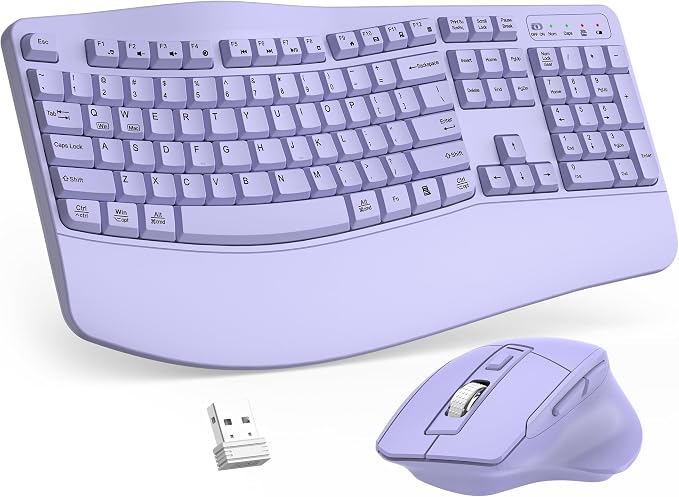 Wireless Keyboard and Mouse Combo, 2.4G Ergonomic Wave Keys(Purple) | Full Size Wave Keyboard with Wrist Rest, 3-Level DPI Adjustable Ergonomic Mouse for Windows and Mac OS Desktop/Laptop/PC