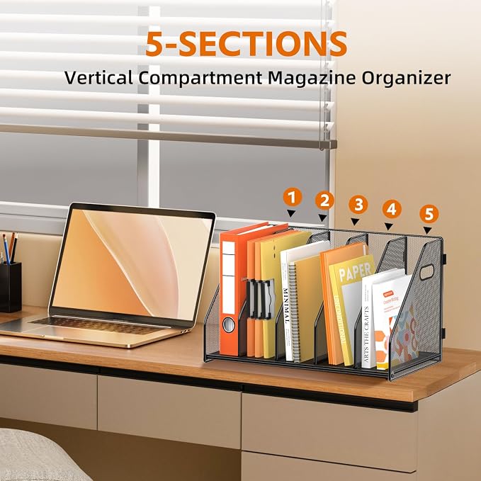 Binder Organizer, Magazine File Holder with 5 Vertical Rack, Black | Metal Desk File Organizer & Binder Holders, Magazine Book Organizers for Office Desktop, Home, School, Classroom