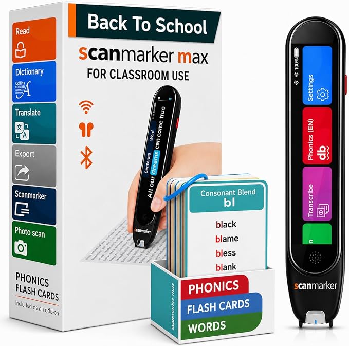 Scanmarker Max Back to School Supply Bundle Reading Pen + Phonics Cards | Designed for Classroom Support with Phonics Assistance, Lock Function and Assistive Web App