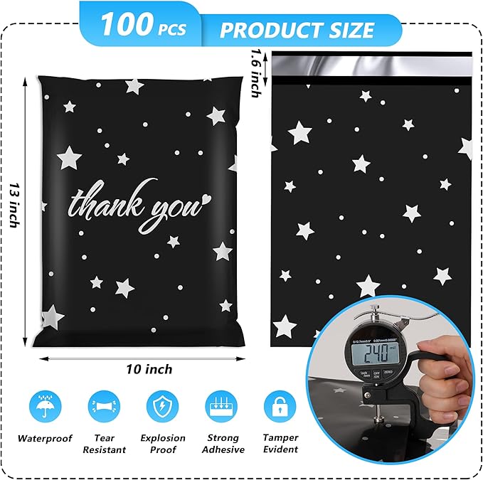 Thank You Poly Mailer 10x13 Inch 100 Pcs, Waterproof and Tear-Resistant Shipping Bags for Clothing, Strong Mailing Bags with Self-Seal, Stars Printed Packaging Bags for Small Business