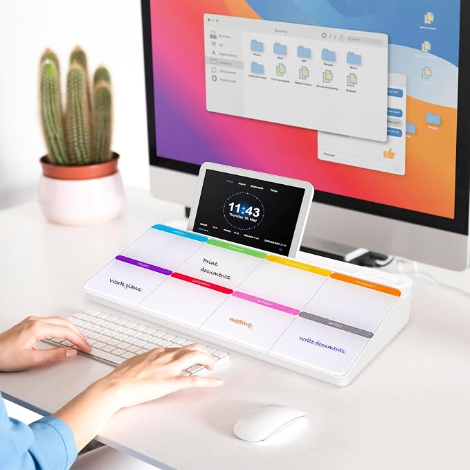 DOLLAR BOSS Glass Desk Whiteboard Calendar Small Dry Erase Board, White | Desktop White Board with Storage Drawer, Colorful Weekly Calendar, Computer Keyboard Stand, Desk Organizer, Office Supplies