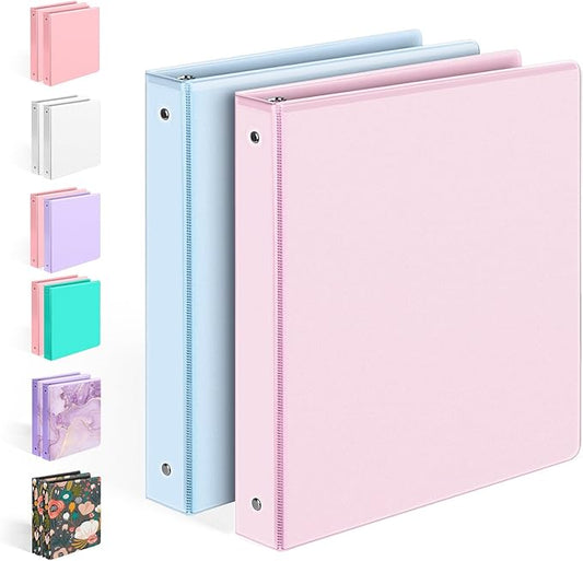 2 Pack BinderX Extra Durable 3 Ring Binder, 1 Inch Binder Round Rings, Fits 350 Sheets of 8.5x11 Paper, Customizable View Cover with Inside Pockets, Cute 1 Inch Binders 3 Ring, Pink & Blue