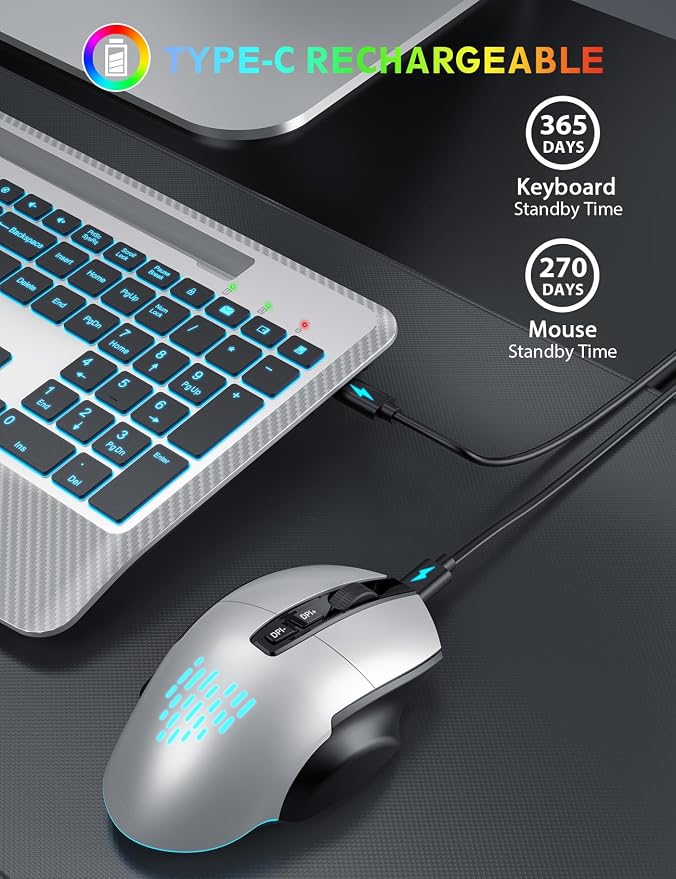 Wireless Keyboard and Mouse Combo, Backlit Scissor Keys, Wrist Rest | 7-Color Backlight, Phone Holder, Rechargeable, LED Mouse, Ergonomic Support, Quiet Typing, Win/Mac/ChromeOS, KM22 Ultra+