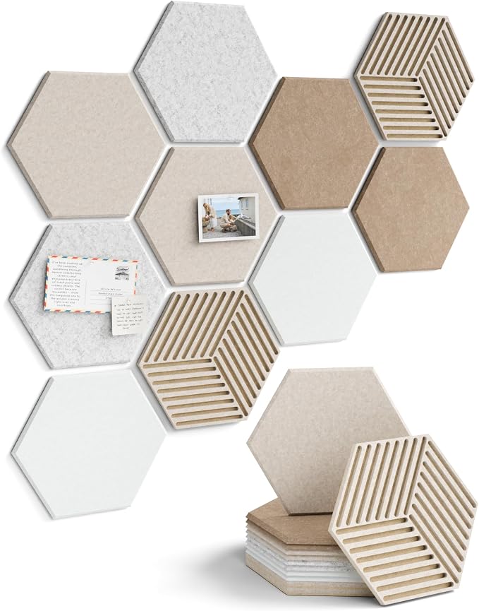 Fluxynara 10-Pack Hexagon Cork Board Alternative, Stone Beige | Felt Bulletin Board with 50 Adhesive Tabs, Ideal for Vision Boards and Wall Decor in Homes, Offices, Classrooms, and Dorms