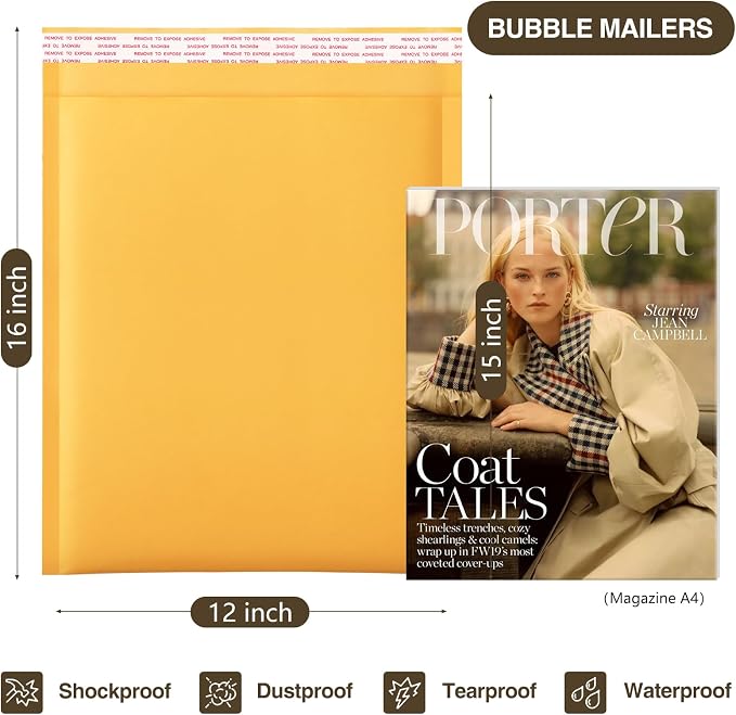 UCGOU Kraft Bubble Mailers 12x16" 25 Pack Usable Size 12x15" Yellow Padded | Self Seal Waterproof Padded Envelopes,Tear Resistant Large Bubble Mailer Shipping Bags for Book,Packing for Small Business